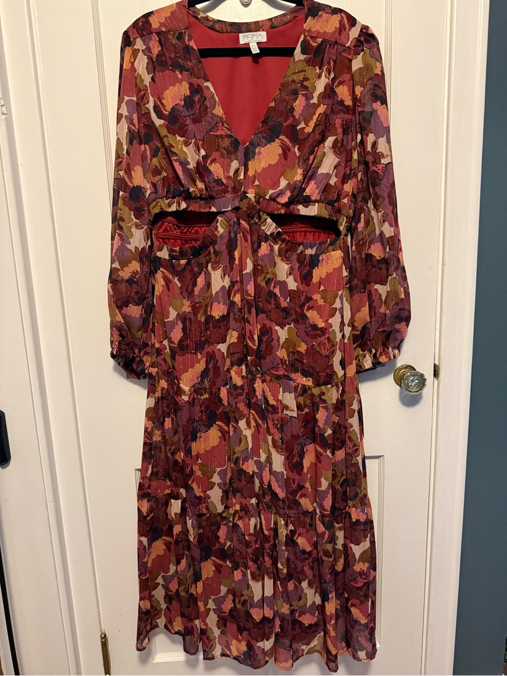Boho Floral V-Neck Midi Dress in Burgundy Multi